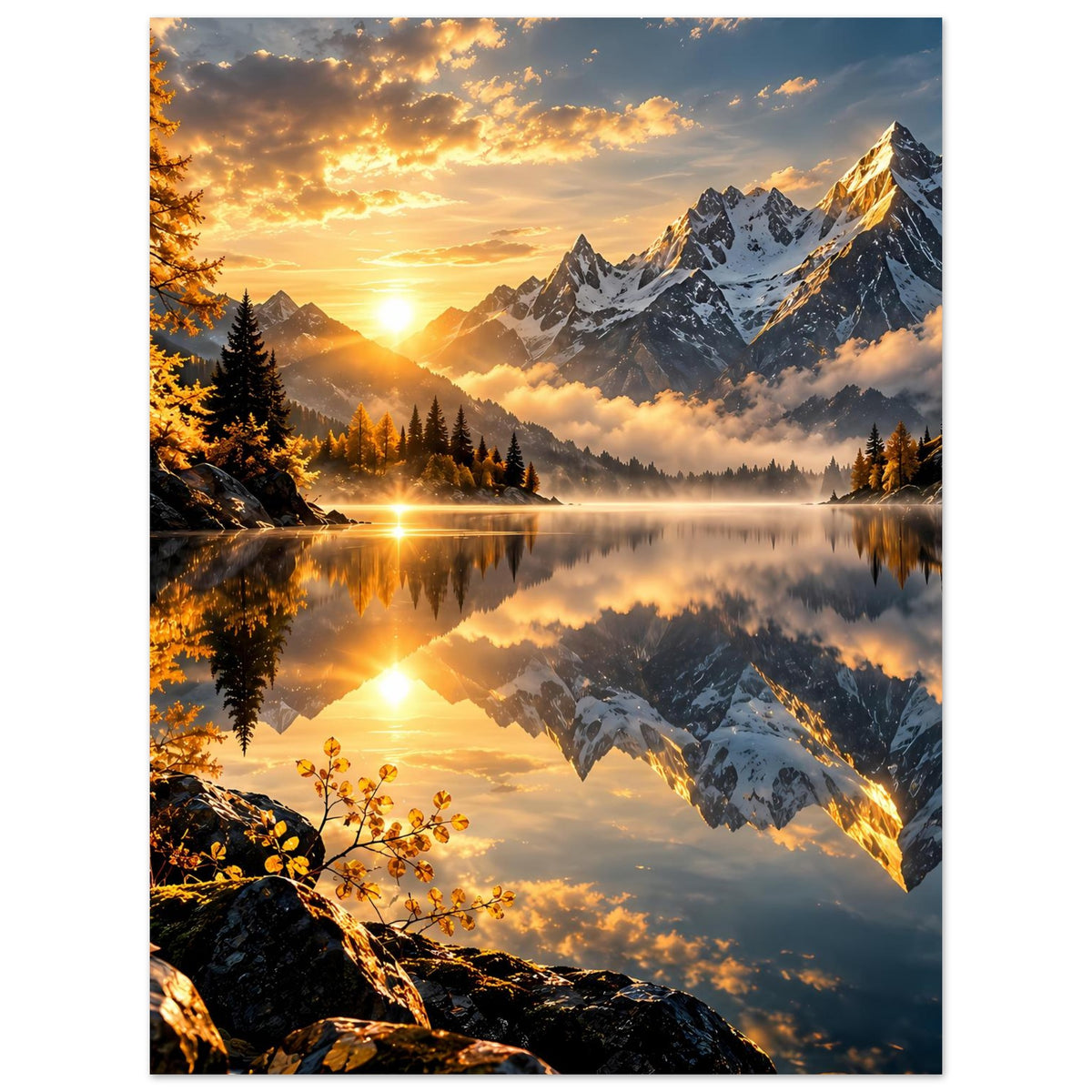 Vertikales Poster mit Sonnenaufgang, spiegelnde Bergwelt und Felsen am unteren Bildrand