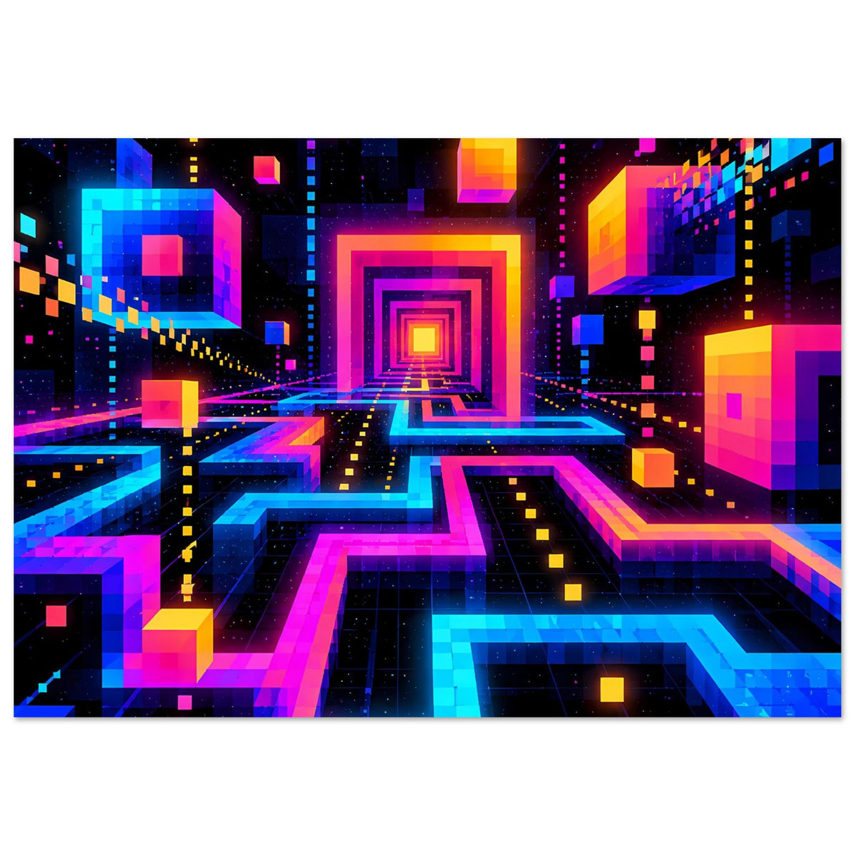 Neon-Labyrinth-Poster: leuchtende Quadrate, Linien und Gänge in Orange, Blau und Pink