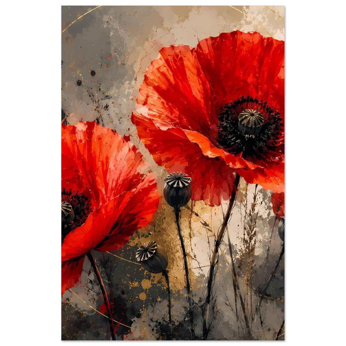 Vertikaler Kunstdruck mit roten Mohnblumen, vier Blüten und einzelne Stängel