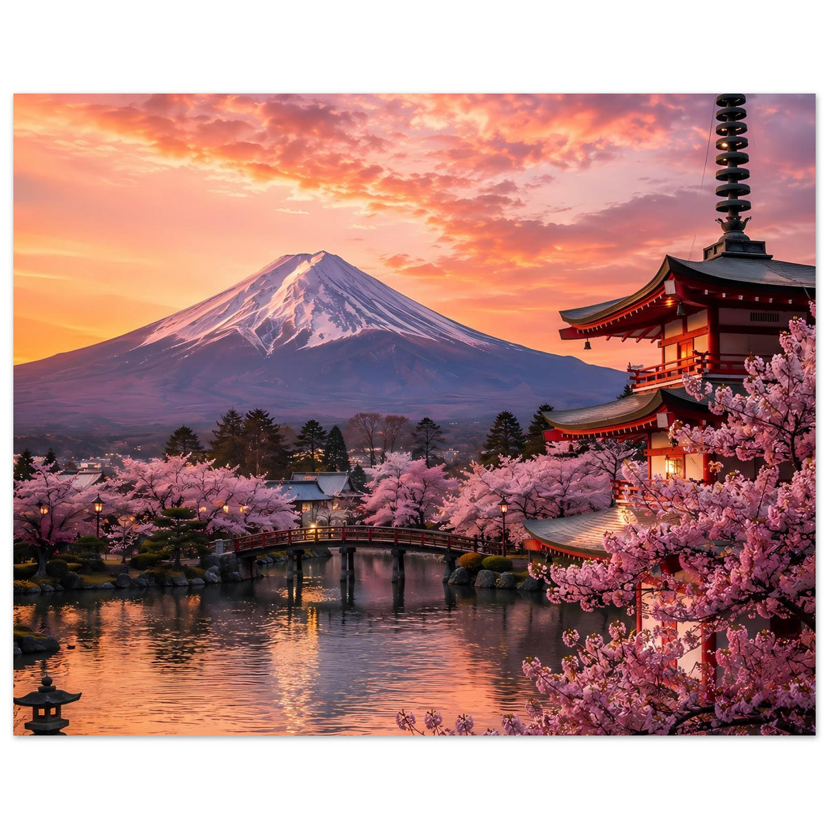 Poster mit Berg Fuji, Kirschblüten und Pagode im Abendhimmel, Querformat