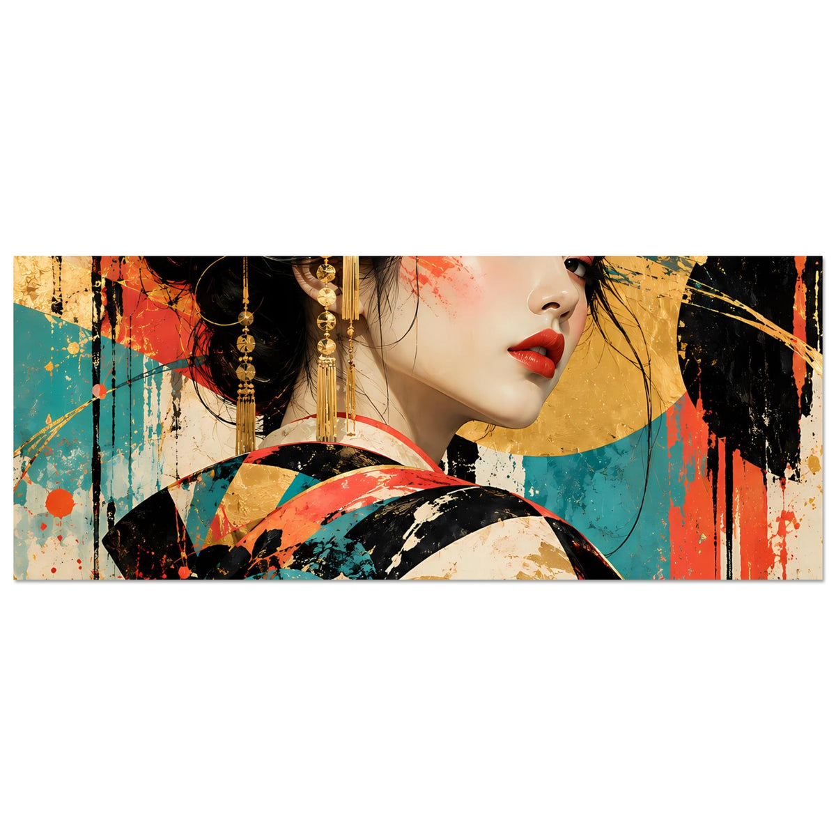 Horizontales Kunstposter mit Geisha-Porträt, Blüten im Haar und gemustertem Gewand