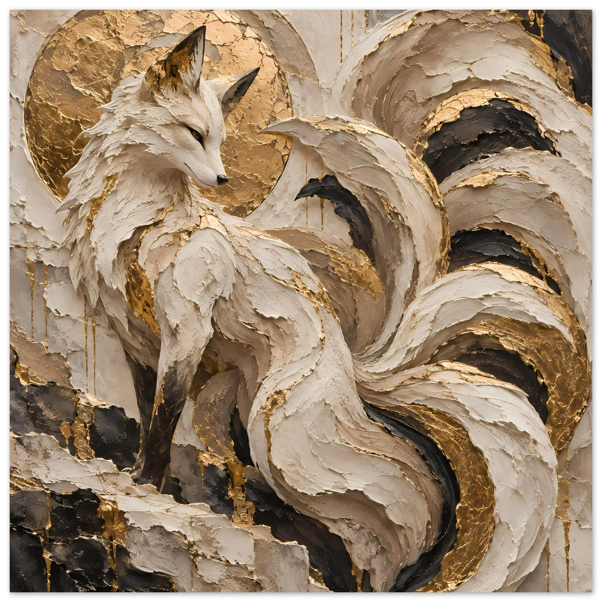 Querformat-Poster: weißer Fuchs vor goldenen Wirbeln, beige und schwarzbraune Reliefflächen
