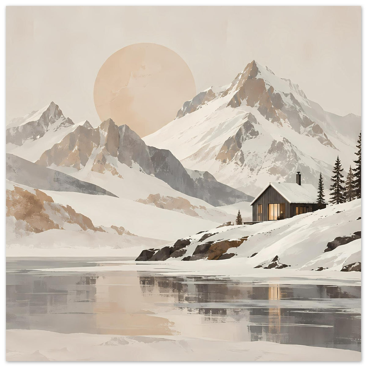 Wandposter mit verschneiten Bergen, Hütte, Tannen, Kreis am Himmel und Reflexion im Vordergrund