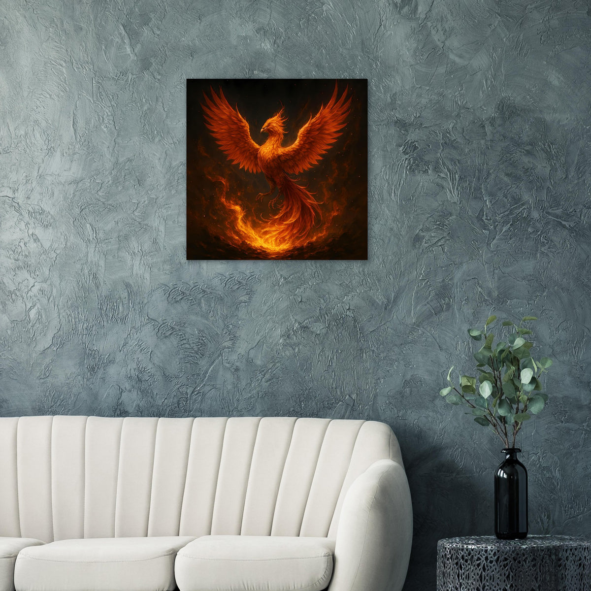 Gerahmtes quadratisches Poster mit feuriger Phönix-Silhouette, orange Flammenfedern