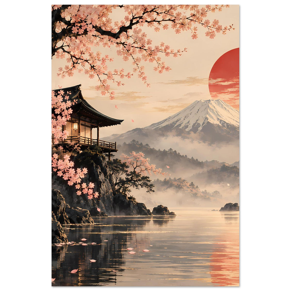 Vertikales Poster mit Kirschblüten, Berg Fuji, roter Sonne und ruhigem See mit Lichtreflexen