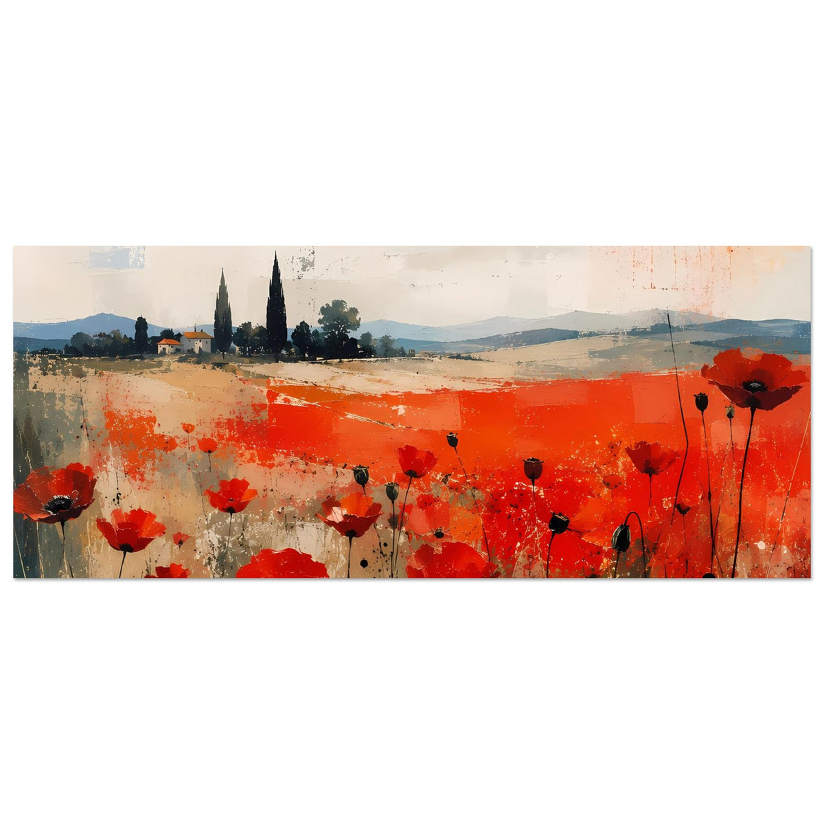 Poster mit roten Mohnblumen in abstrakter Landschaft, horizontale Ansicht mit viel Himmel