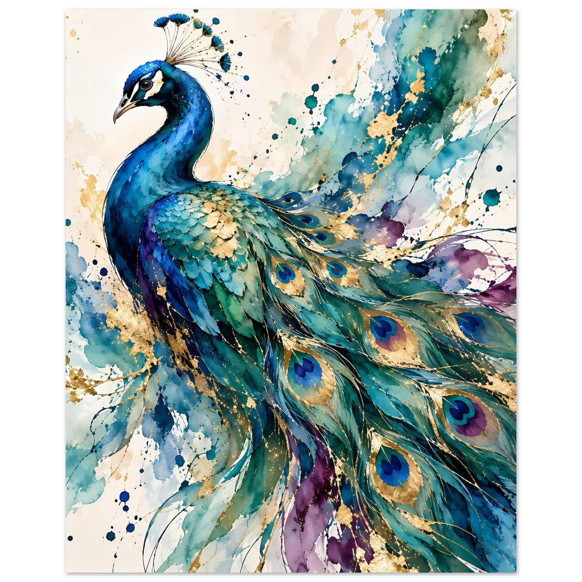 Pfau-Wandposter im Hochformat, Aquarellfarben: blaues Gefieder mit grün-goldenen Akzenten