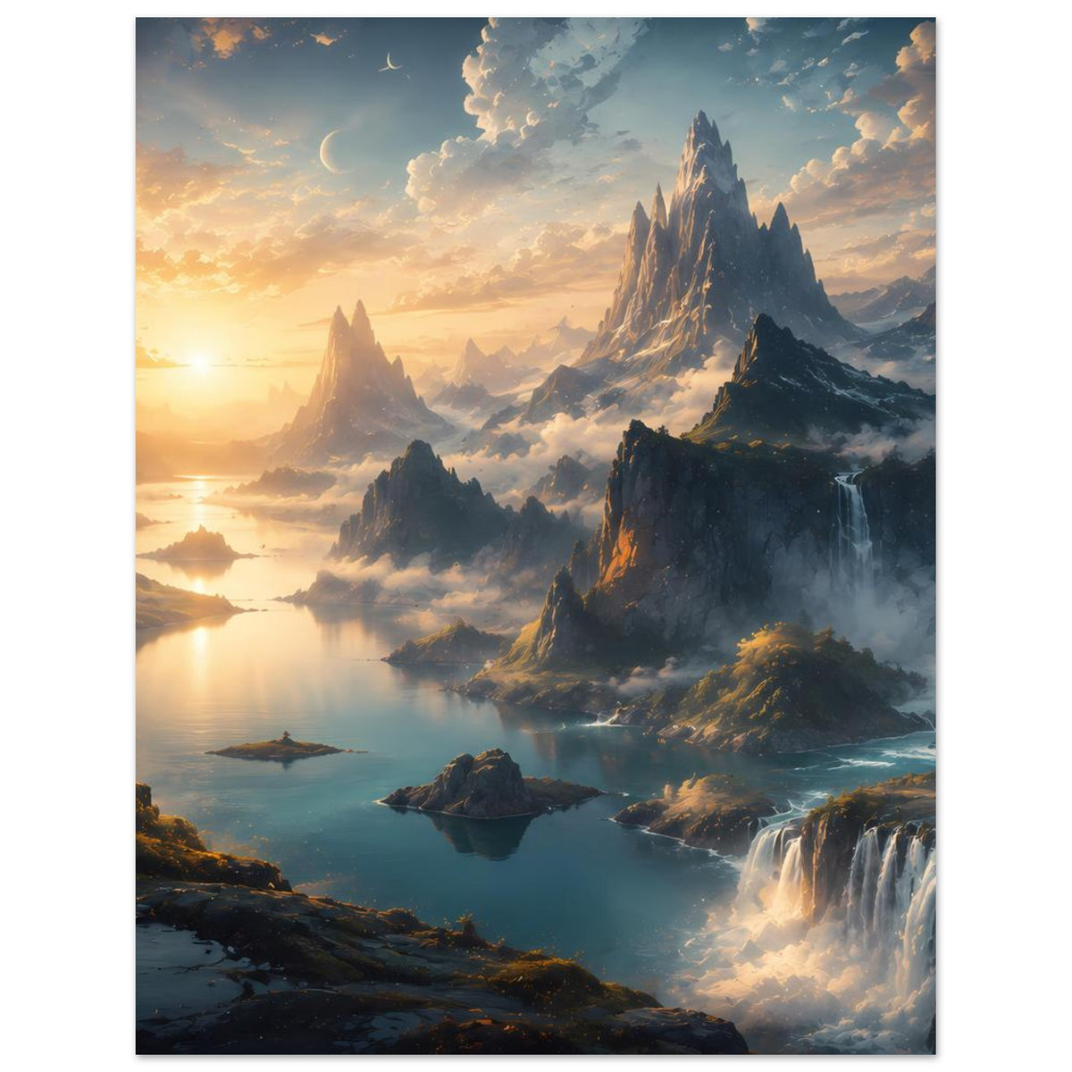 Vertikales Poster mit Bergen, Wasserfall und ruhigem Gewässer bei warmem Licht