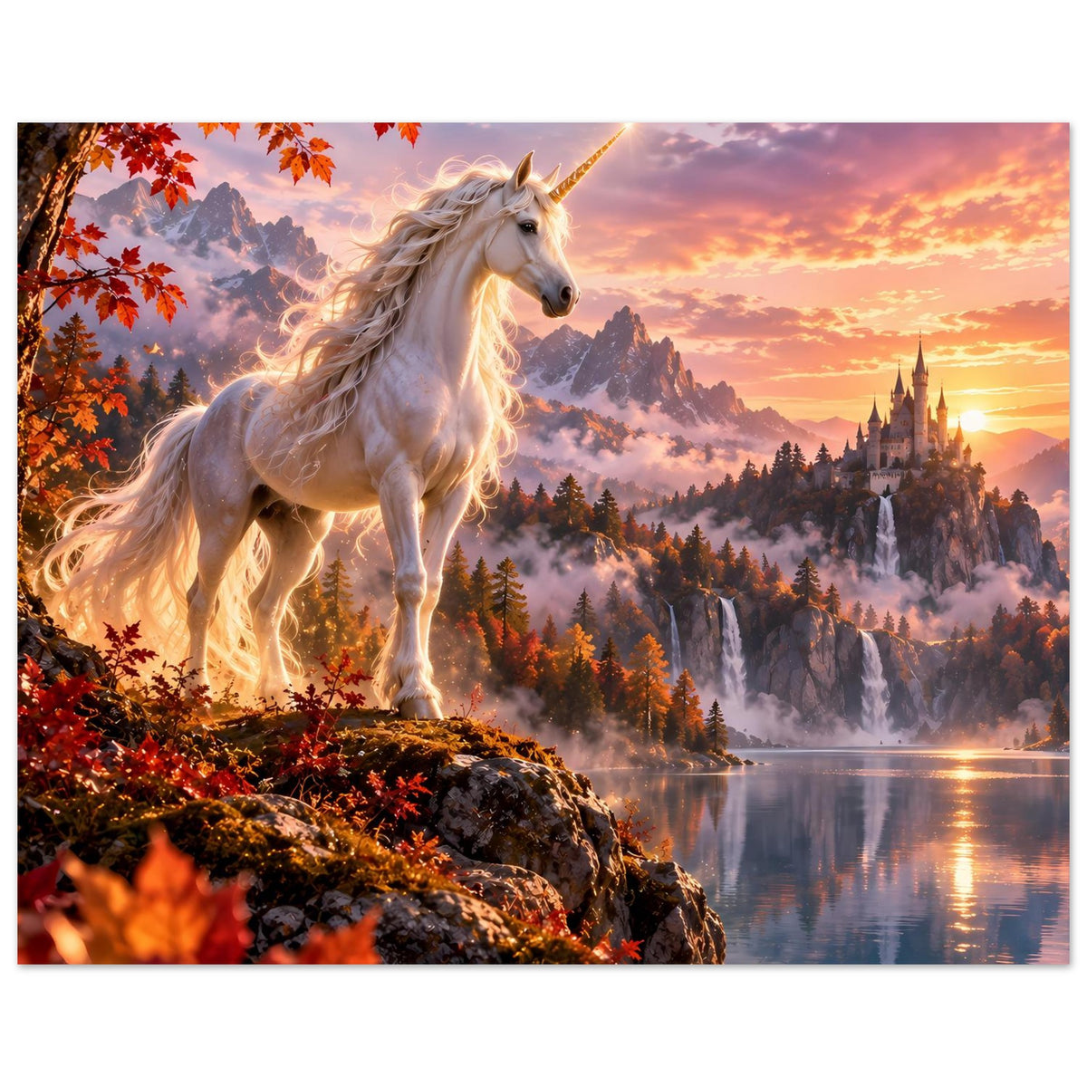 Einhorn-Fantasyposter: weißes Einhorn vor Bergkulisse, Herbstlaub, Schloss hinter Nebel