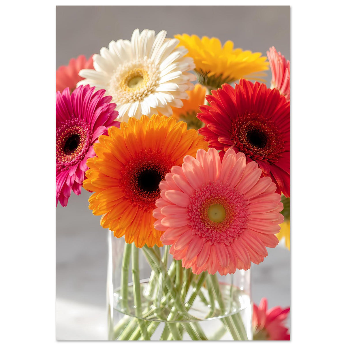 Vertikales Poster: Gerbera-Blumenstrauß mit weißen, gelben, roten und pinken Blüten in Vase