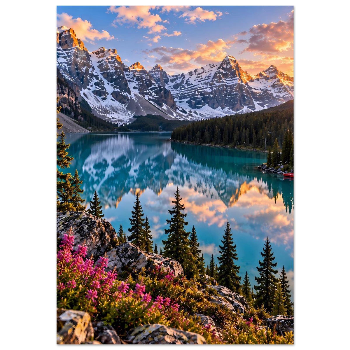 Poster mit Gebirgssee bei Sonnenuntergang, reflektierende Berge im türkisfarbenen Wasser