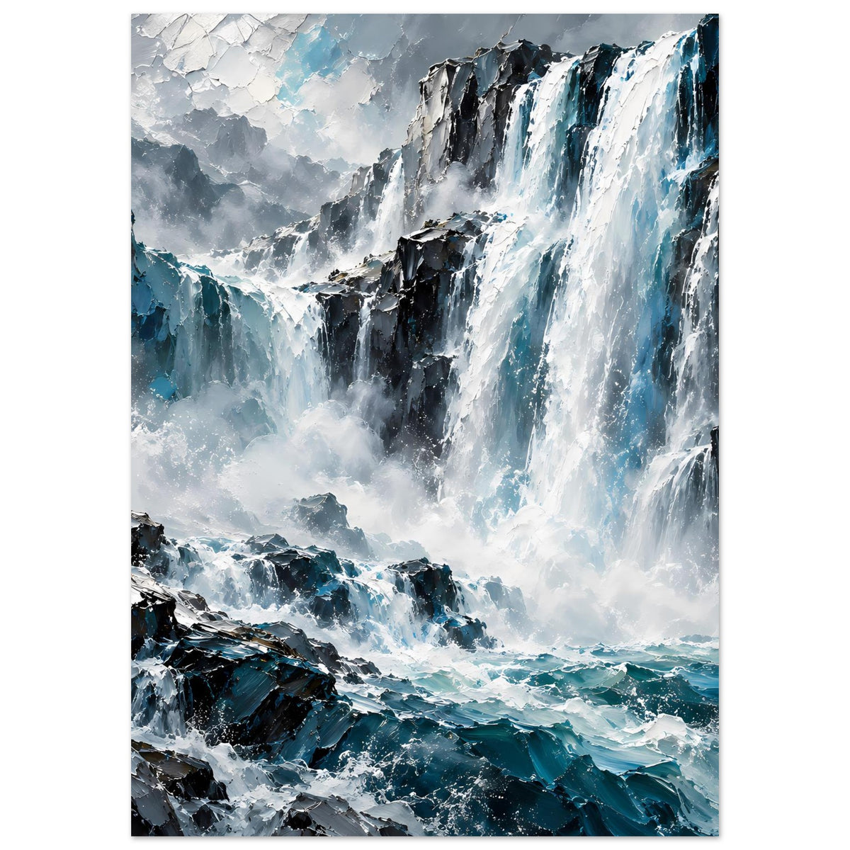 Wasserfall-Poster, Hochformat: weiße Wasserfälle über dunklen Felsen, Blauschattierungen