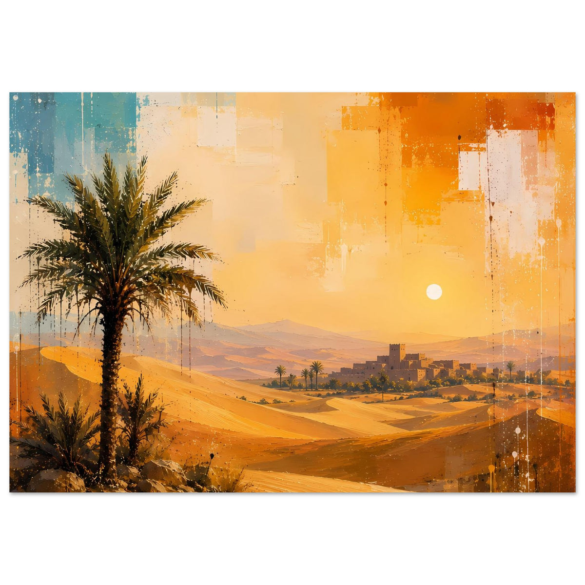 Wandposter im Querformat mit Palme und Wüstenlandschaft; warme Orange- und Gelbtöne.