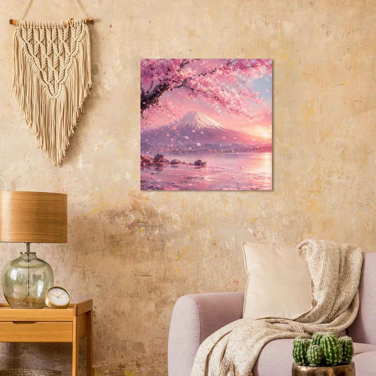 Wandposter im Querformat: Kirschblüten über Fuji-Berg, Abendhimmel mit rosafarbenem See