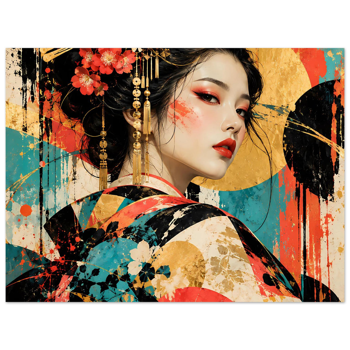 Kunstposter mit Geisha-Porträt, goldene Akzente, Blüten im Haar und gemusterter Mantel