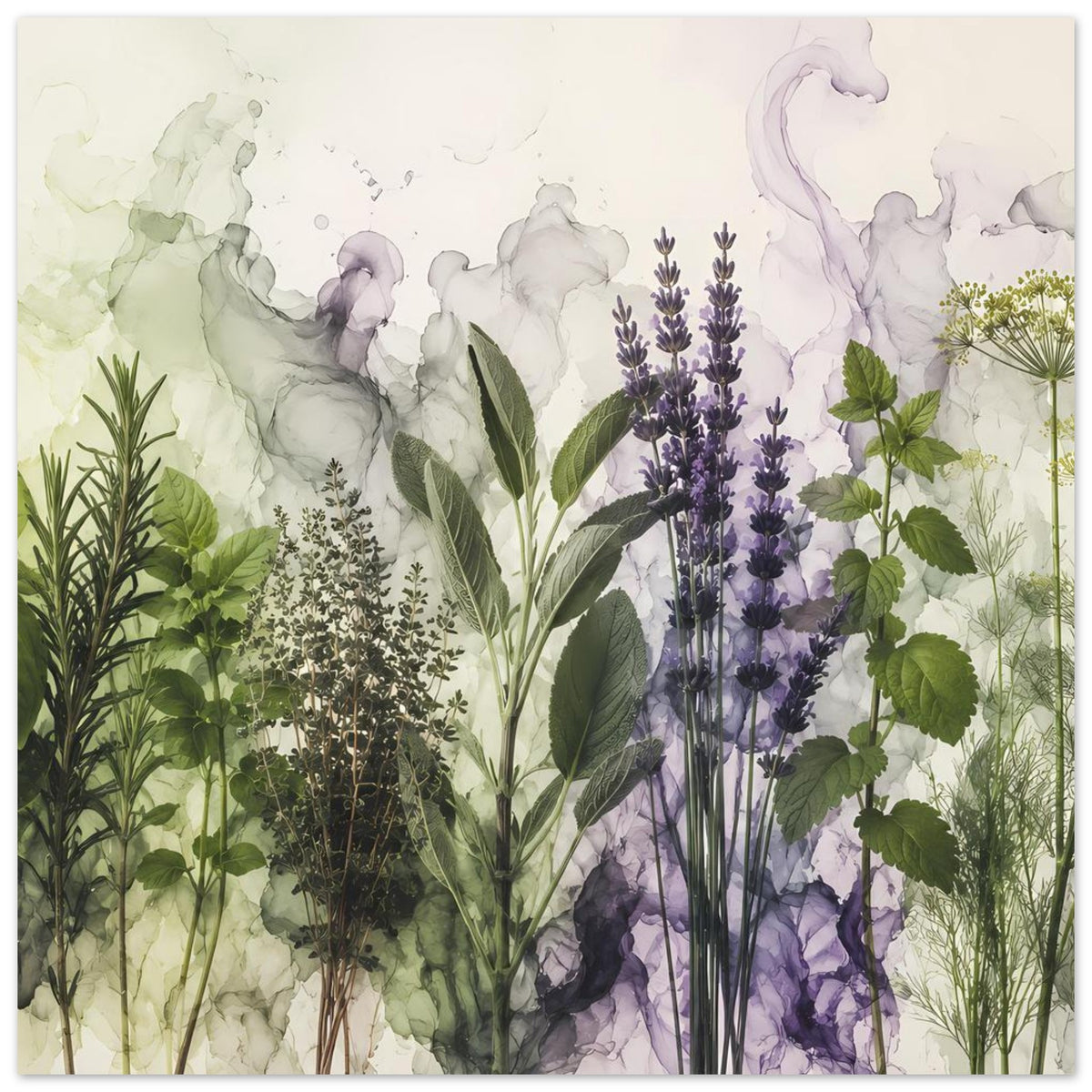 Botanisches Poster mit Lavendelblüten, breiten Blättern und zarten Pflanzenformen, Vollansicht