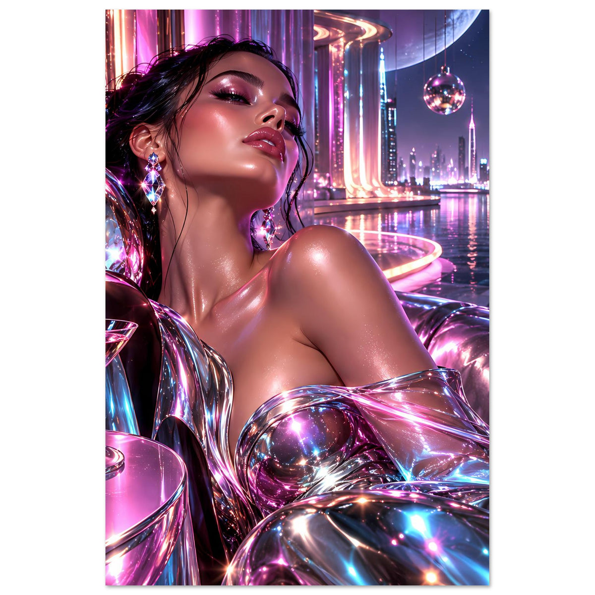 Neon-Glamour-Poster: liegende Frau im glänzenden Outfit, lila Glanz, schwebende Kugeln