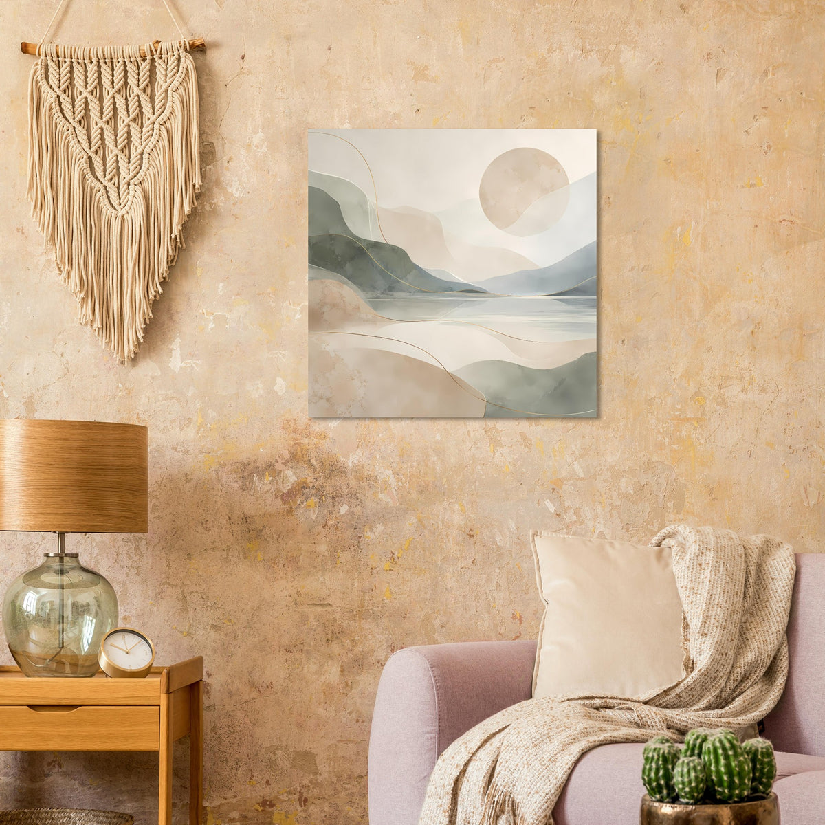 Abstraktes Poster mit See- und Berglandschaft in Beige, goldene Linien, quadratisch