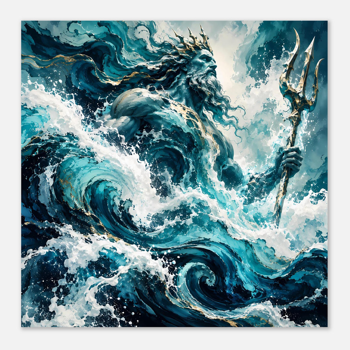 Poster im Hochformat mit Poseidon/Ozean-Gott und großen Wellen, Blau mit goldenem Dreizack