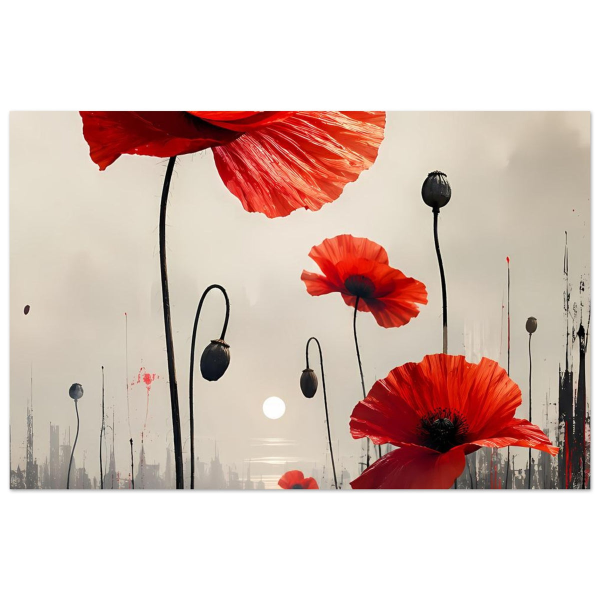 Horizontales Poster: rote Mohnblumen mit mehreren Blüten und schwarzen Stielen