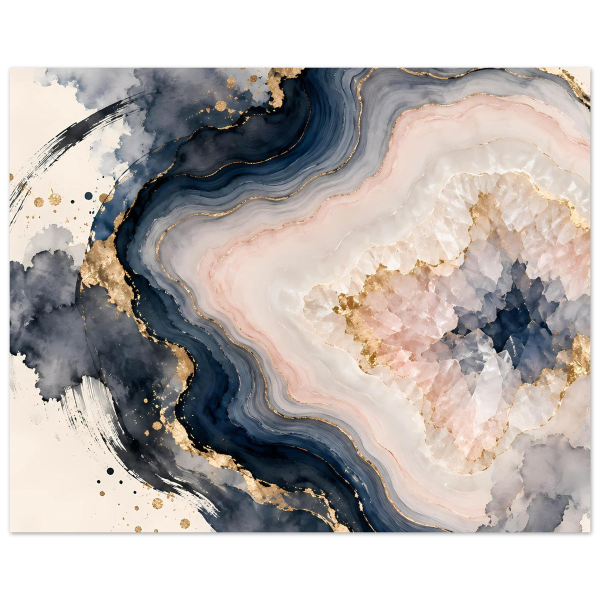 Abstraktes Geoden-Poster mit Rosé-, Blau- und Goldakzenten
