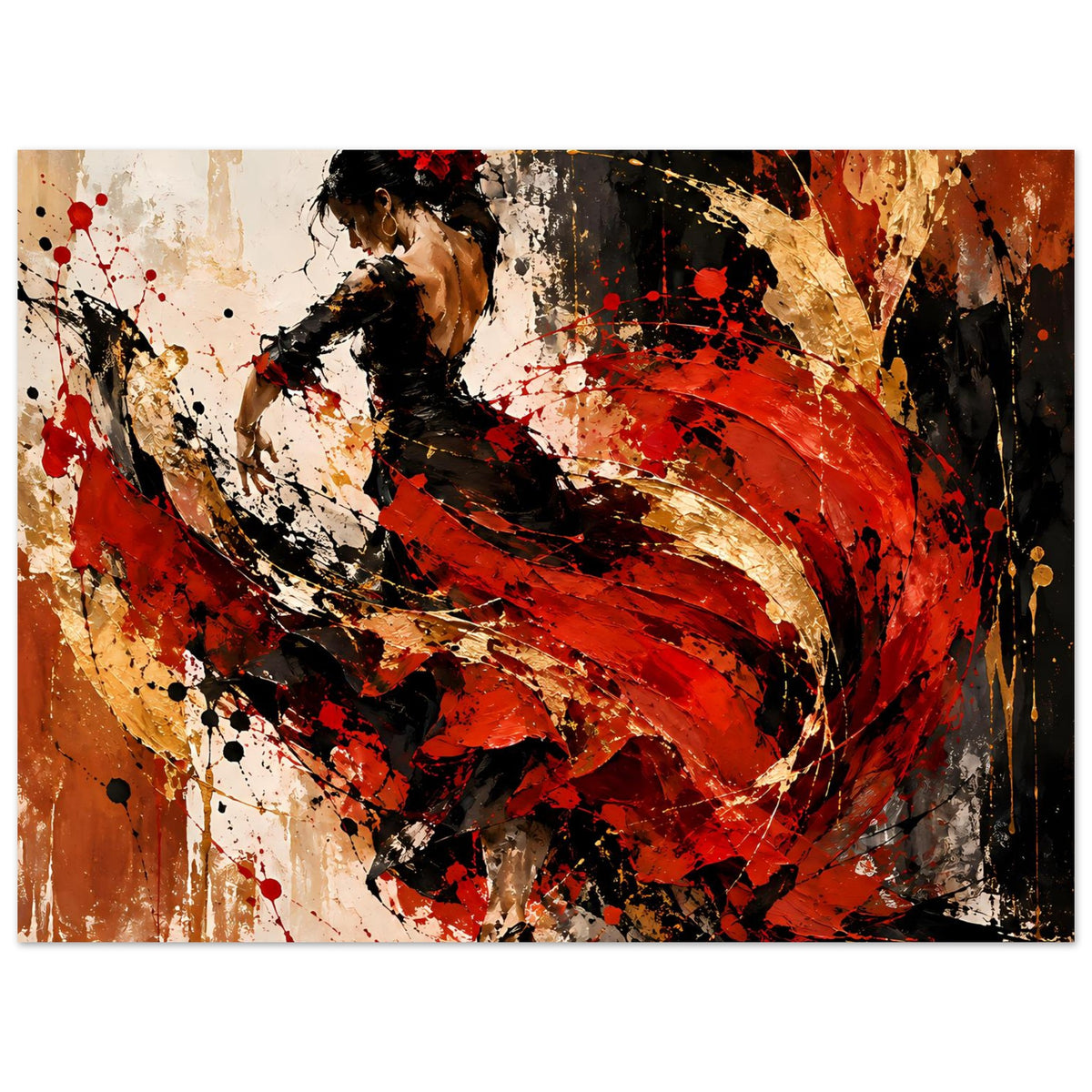Flamenco-Feuerposter im Querformat mit Tänzerin-Silhouette, goldenen und roten Farbwirbeln