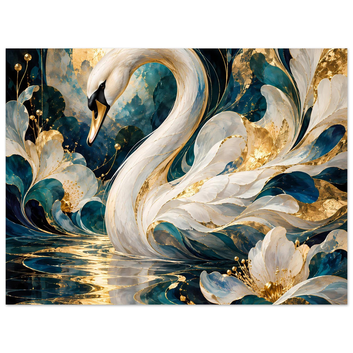 Poster mit majestätischem weißen Schwan in Gold und Türkis