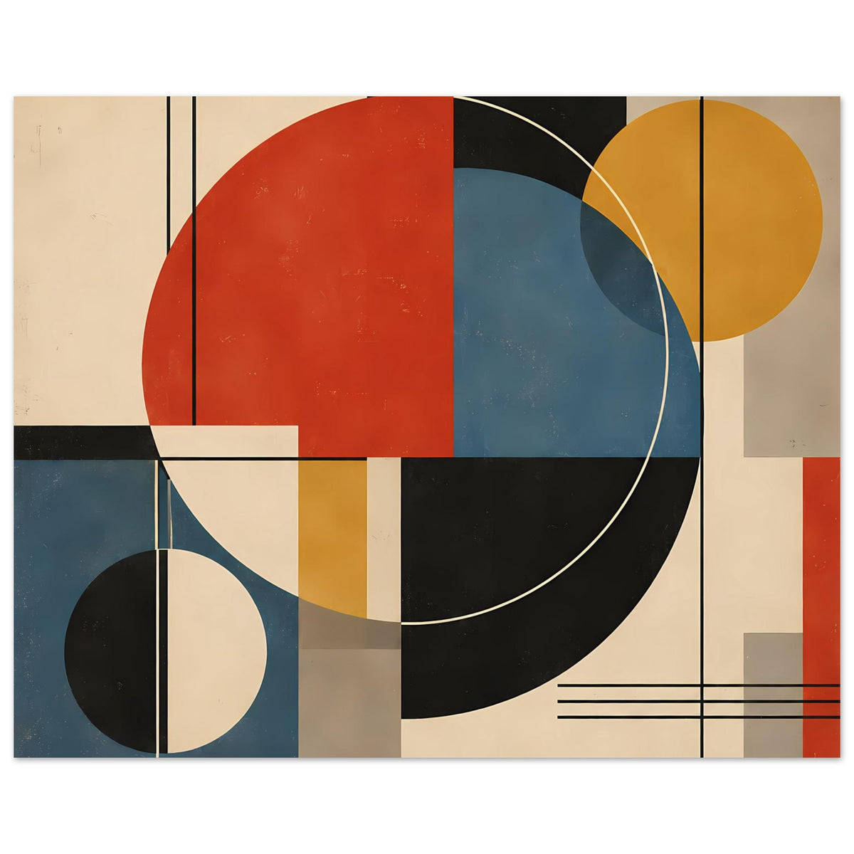 Geometrisches Kunstposter mit Kreissegmenten und Rasterlinien in Rot, Blau, Gelb, Schwarz und Beige.