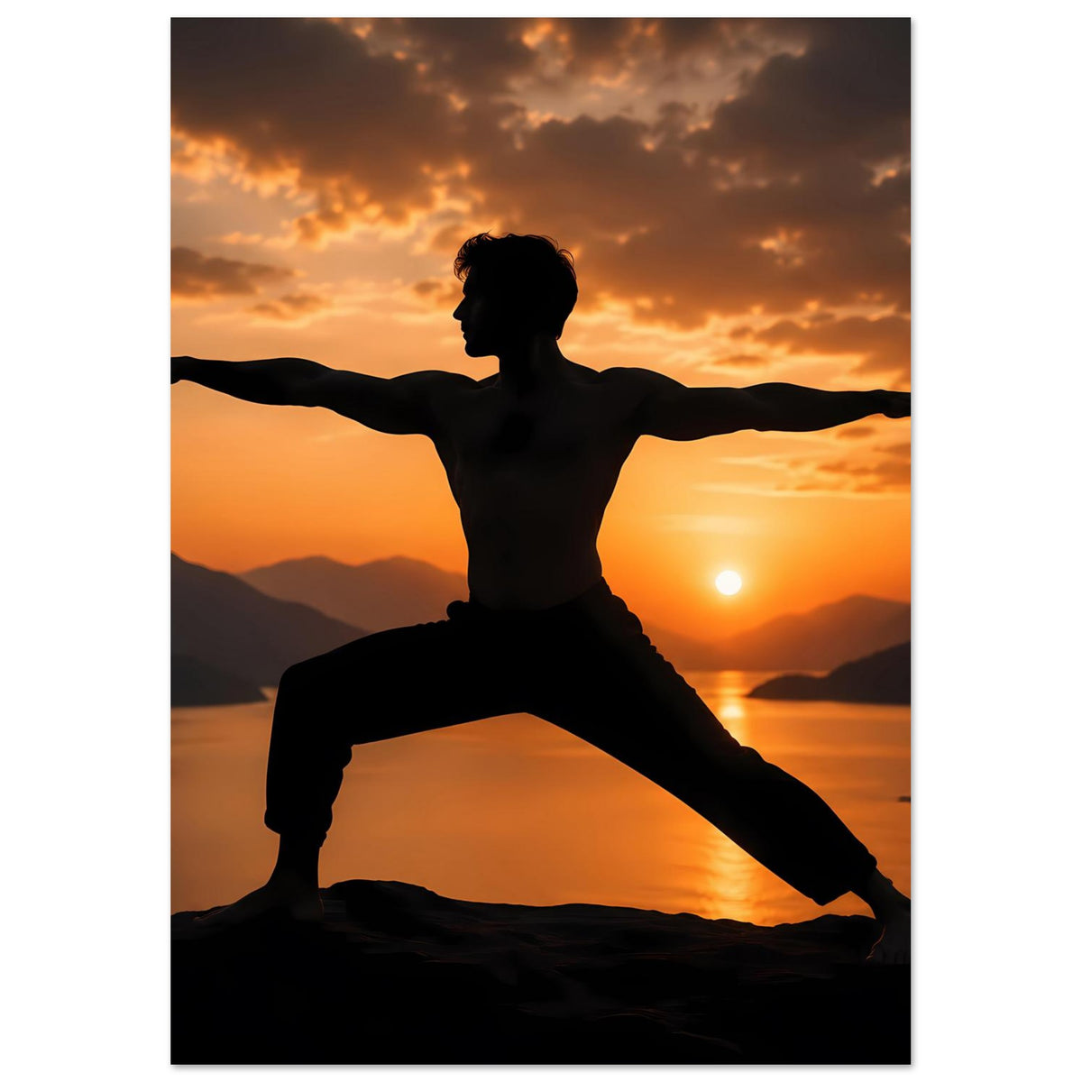 Yoga-Poster im Hochformat mit Silhouette in Kriegerpose vor Sonnenuntergang