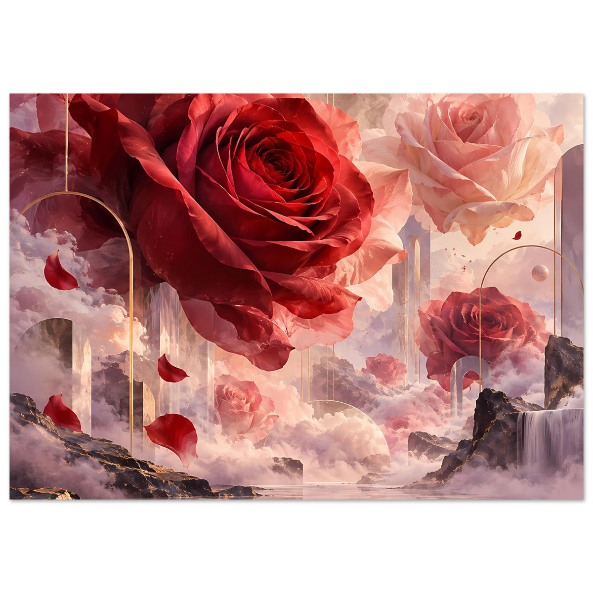 Poster mit surrealen roten und roséfarbenen Rosen