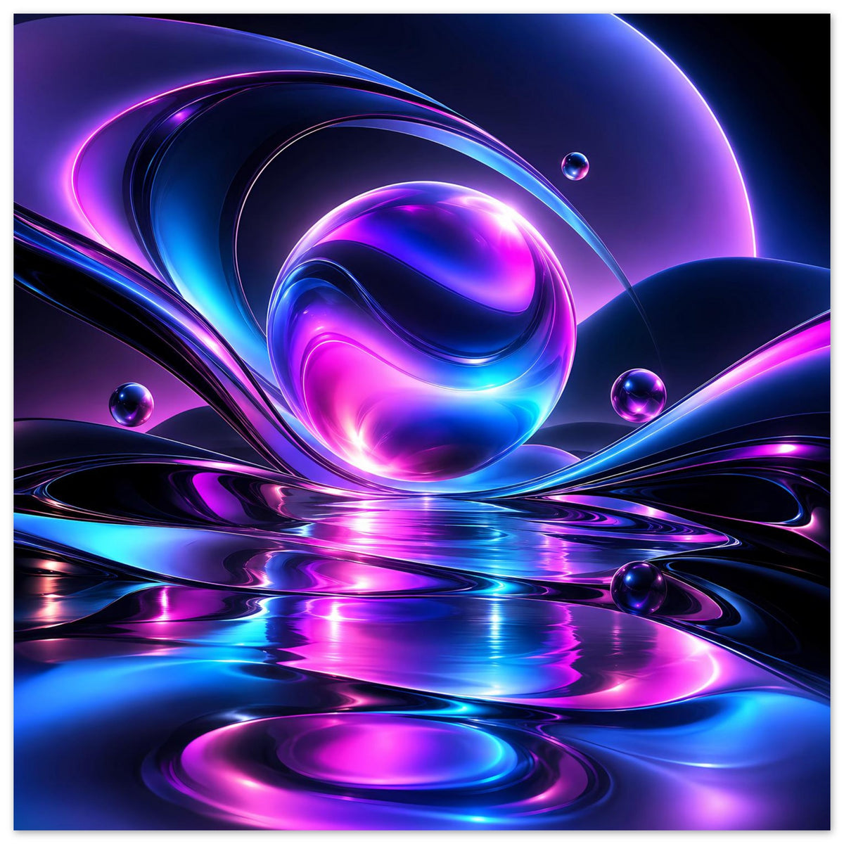 Abstraktes Poster mit Neonlichtern in Blau und Violett, Kugeln und Reflexionen