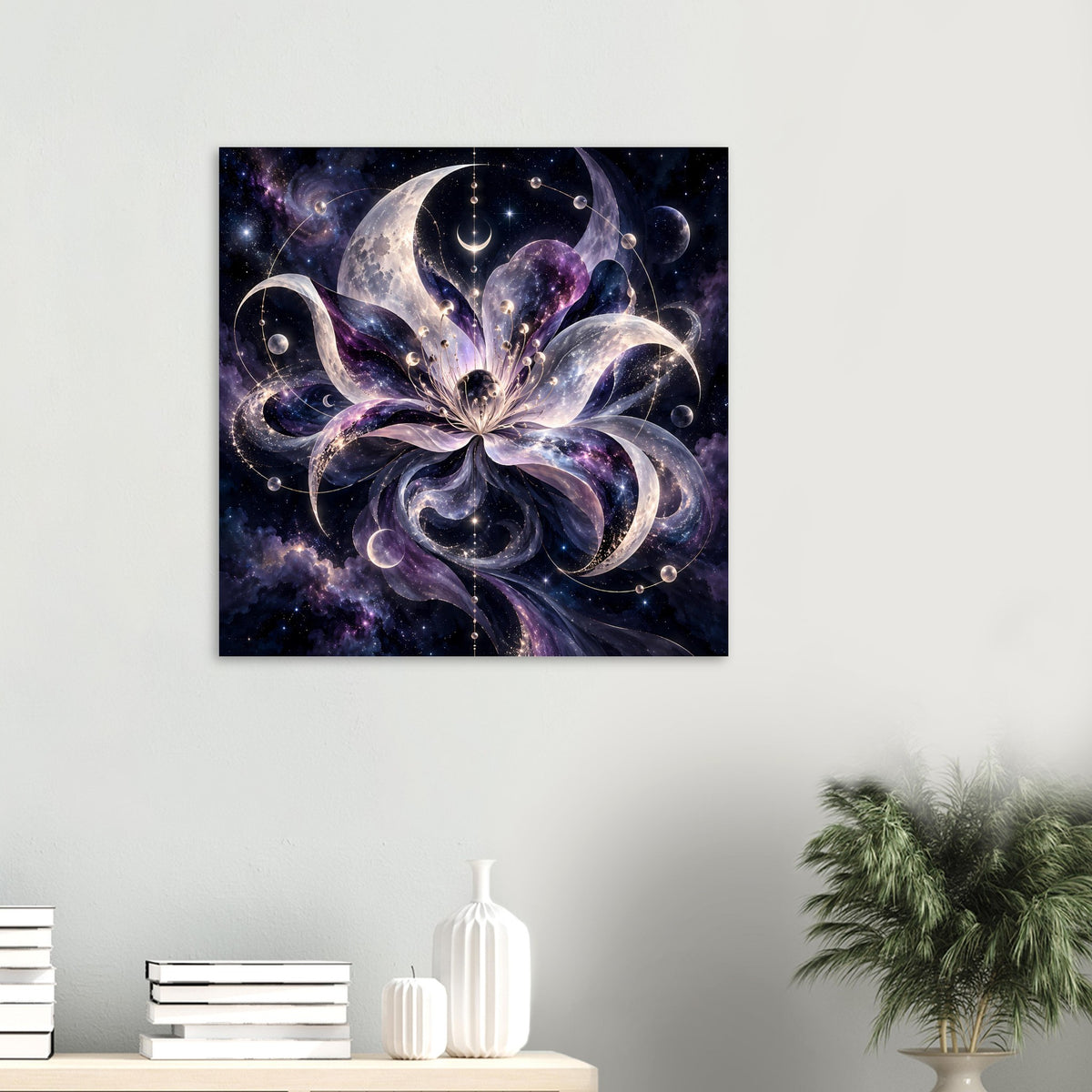 Kosmische Blüte mit Monden, Planeten und Sternen in violett-blauem Weltraum – Motivansicht 50