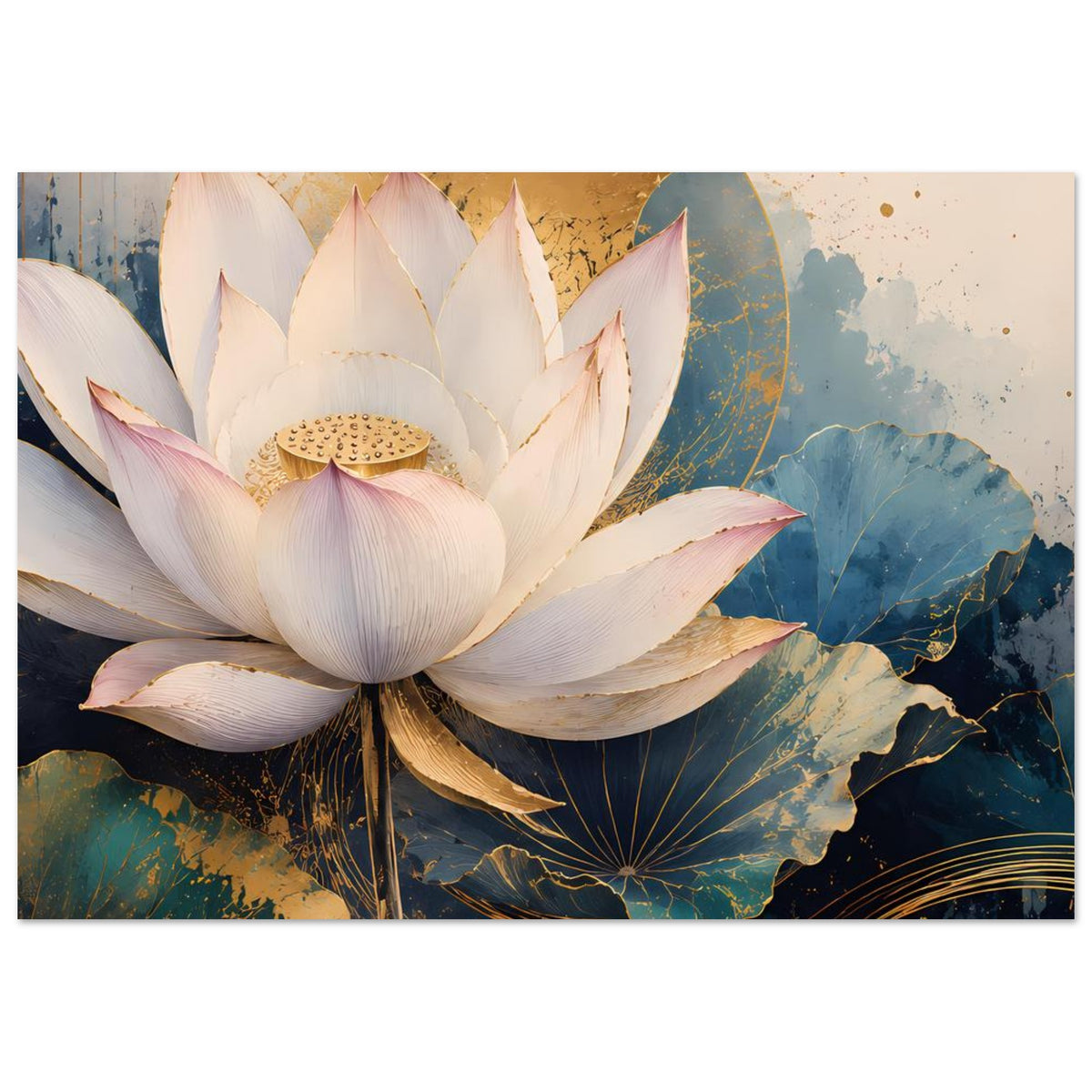 Lotusblumen-Poster, großflächige weiße Blüte mit blau-goldenen Details und klaren Konturen
