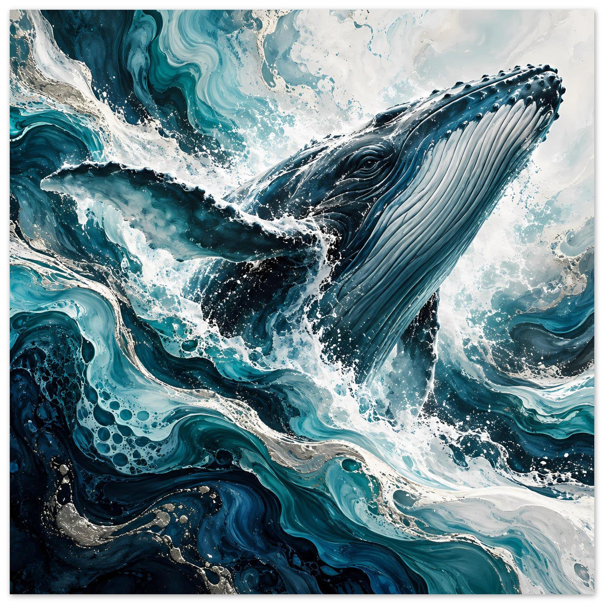 Walmotiv-Kunstposter im Querformat, Blauwal über Wasser mit schäumendem Ozean
