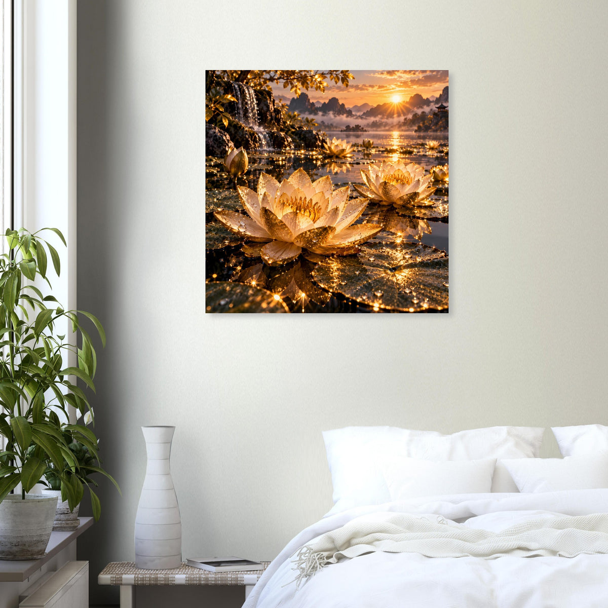 Quadratisches Poster mit goldener Lotusblüte, Sonnenuntergang über dem Wasser