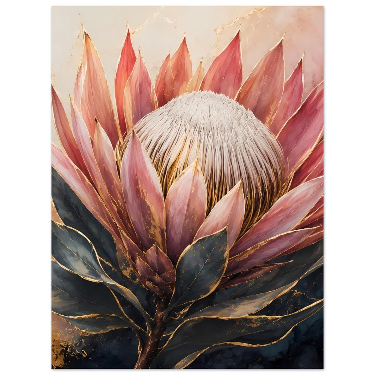 Botanisches Poster mit Königsprotea in Altrosa und Gold, Blütenkopf im Hochformat
