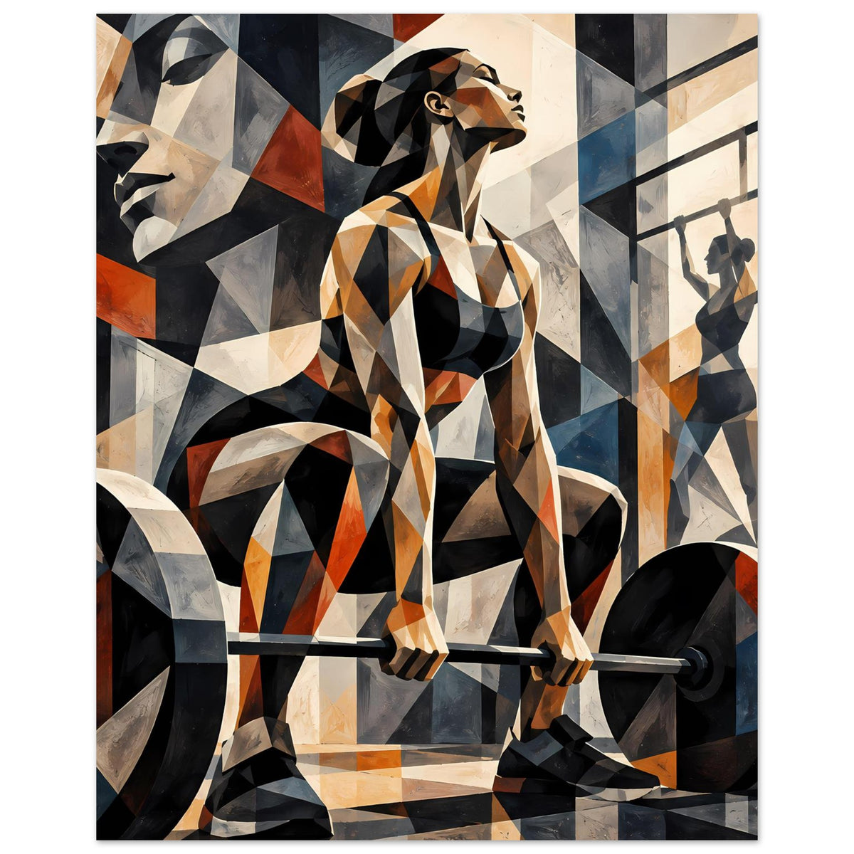 Abstraktes Fitness-Poster mit zentraler Figur beim Heben, geometrische Flächen in Schwarz/Orange/Blau