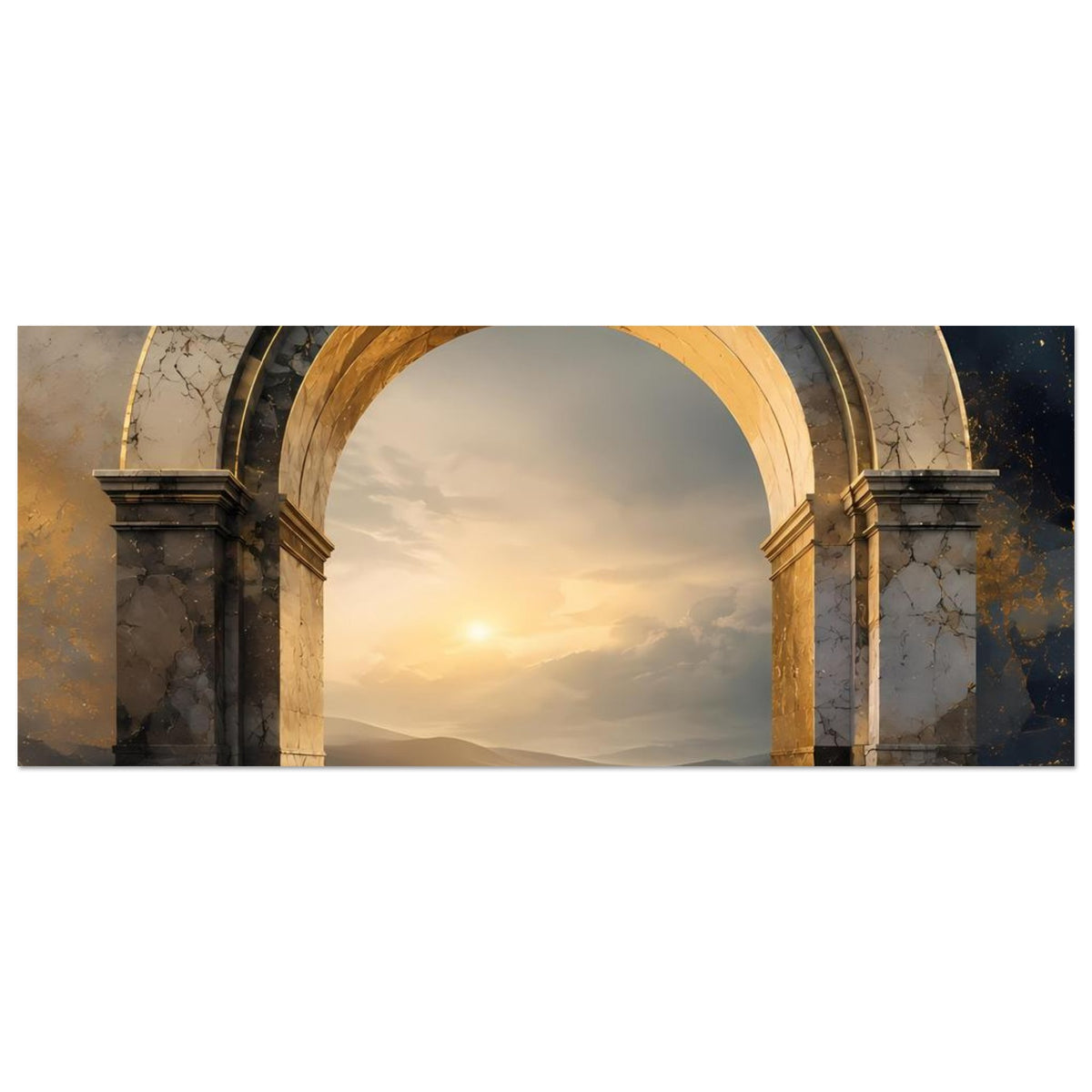 Poster-Ausschnitt: antiker Marmorbogen mit goldener Umrandung über Himmel und Landschaft