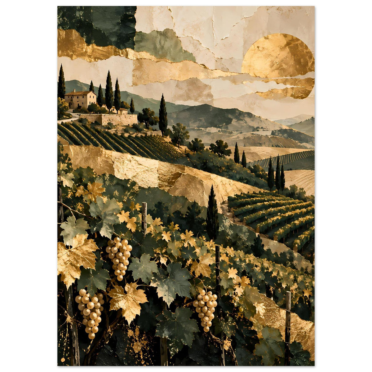 Landschaftsposter im Hochformat mit Weinbergen und Trauben am unteren Rand