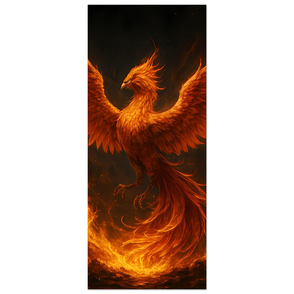 Hochformat-Poster mit feurigem Phönix, Flügel in Orange und goldenen Flammen