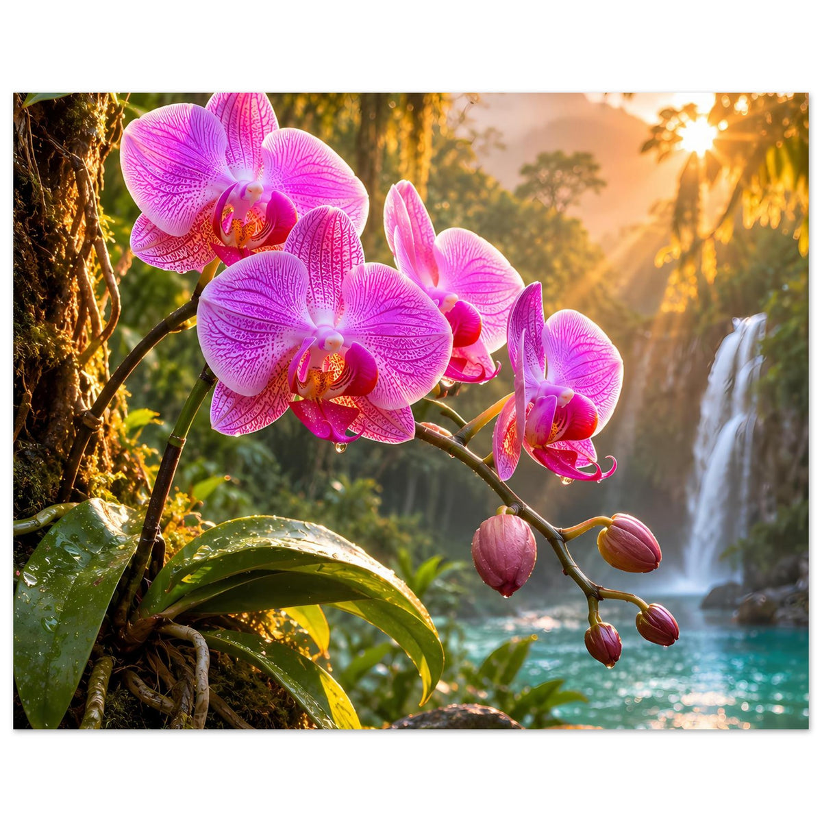 Naturposter mit pinken Orchideenblüten, Wasserfall und goldenen Sonnenstrahlen