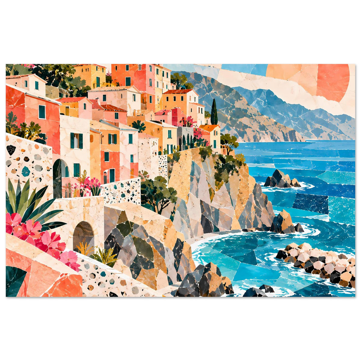Horizontales Wandposter mit Küstendorf, bunten Fassaden, Blumen und Meerblick mit Klippen