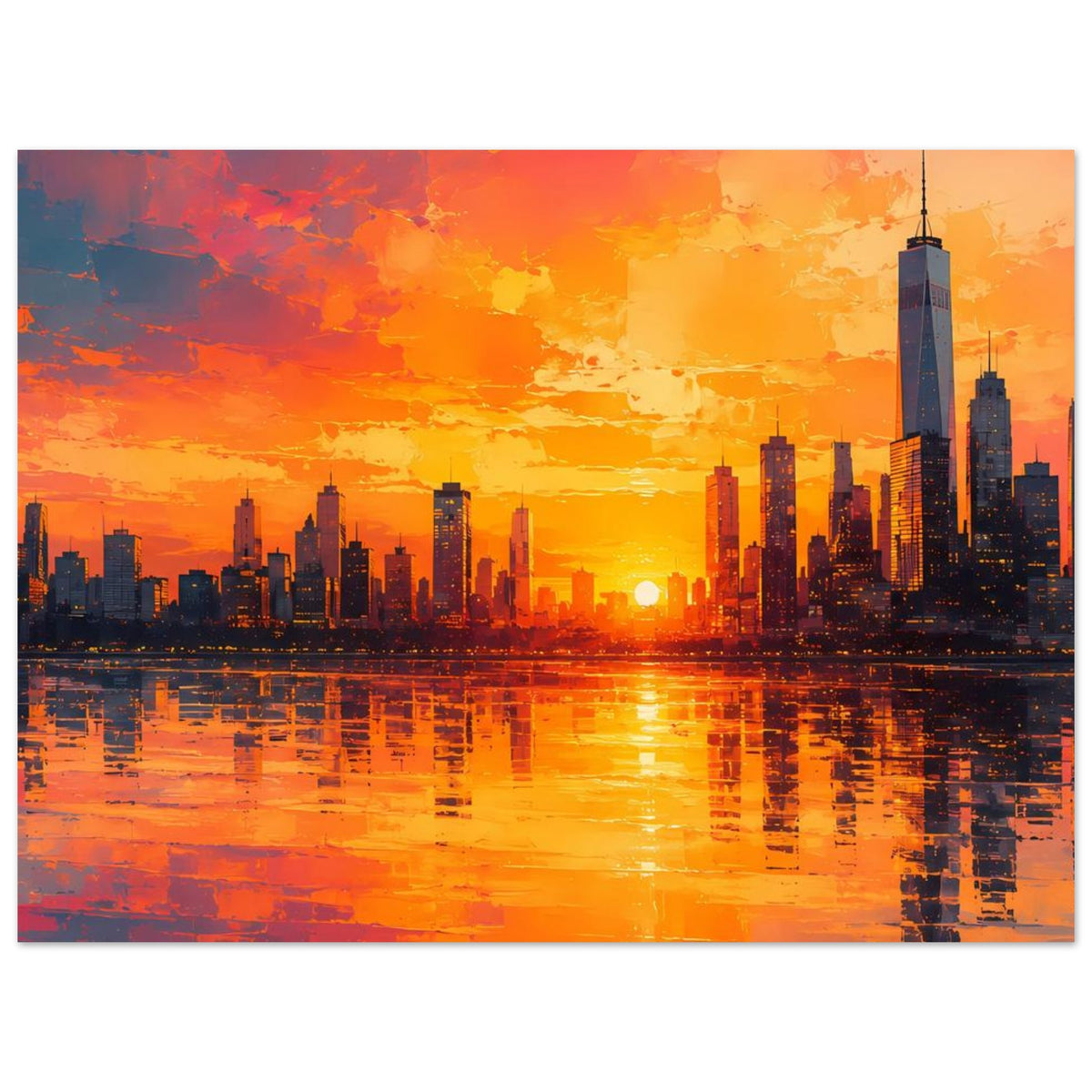 Großstadt-Skyline-Poster im Querformat, Sonnenuntergang mit Wasserspiegelung und Hochhäusern
