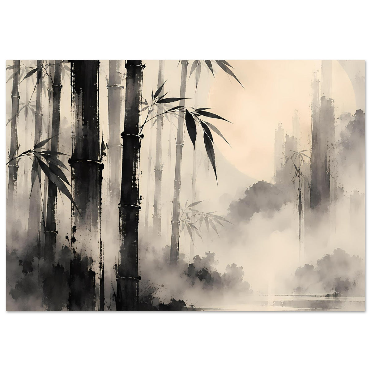 Poster mit Bambuswald-Motiv und Nebel, dunkle Bambusstämme und helle Hintergründe, schwarz-grau