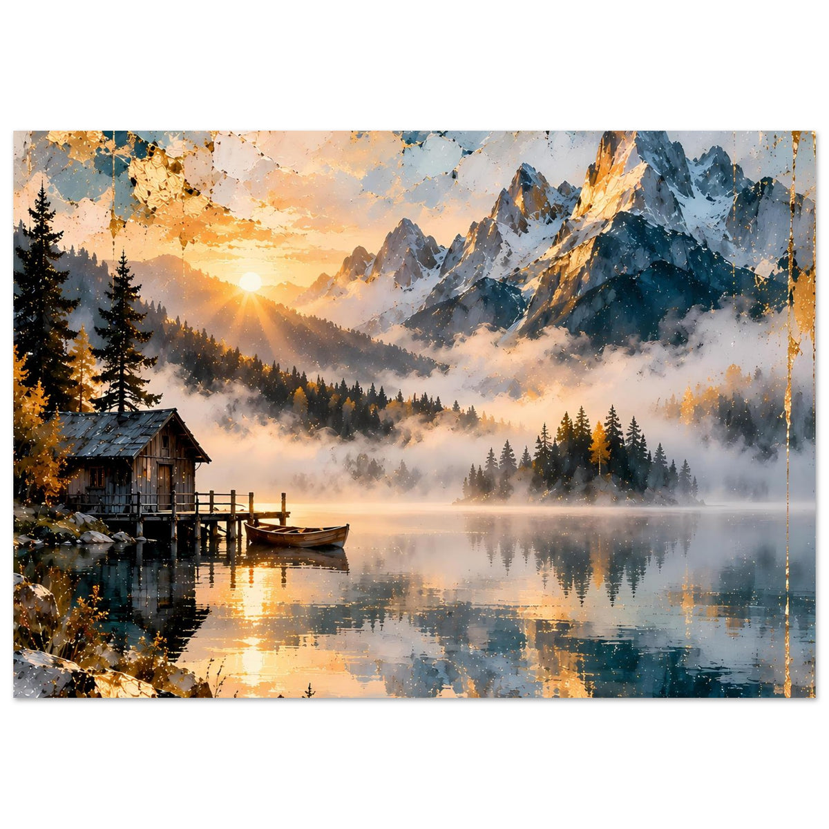 Querformatiges Poster mit Bergsee, Bergen, Tannen und Hütte im Dunst