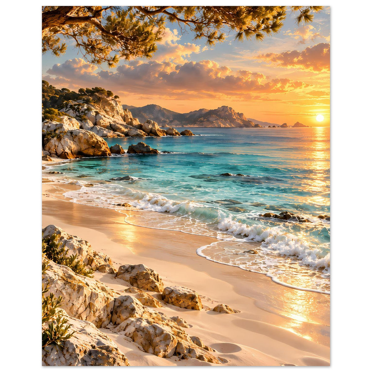 Landschaftsposter im Hochformat: Strand bei Sonnenuntergang, Wellen, Felsen, Äste am Rand
