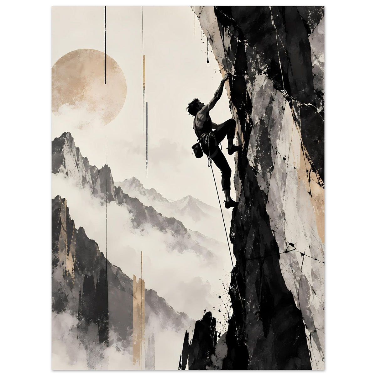 Vertikales Poster: Kletterer am Fels, Berge in Grautönen, helle Wolken und dunkle Flächen