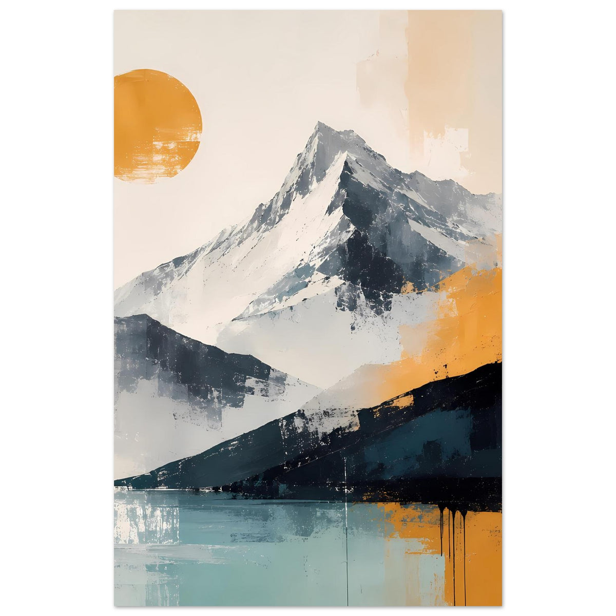 Hochformat-Poster mit abstrakter Berglandschaft, orangefarbener Sonne und blau-grauen Gipfeln, unten teal.