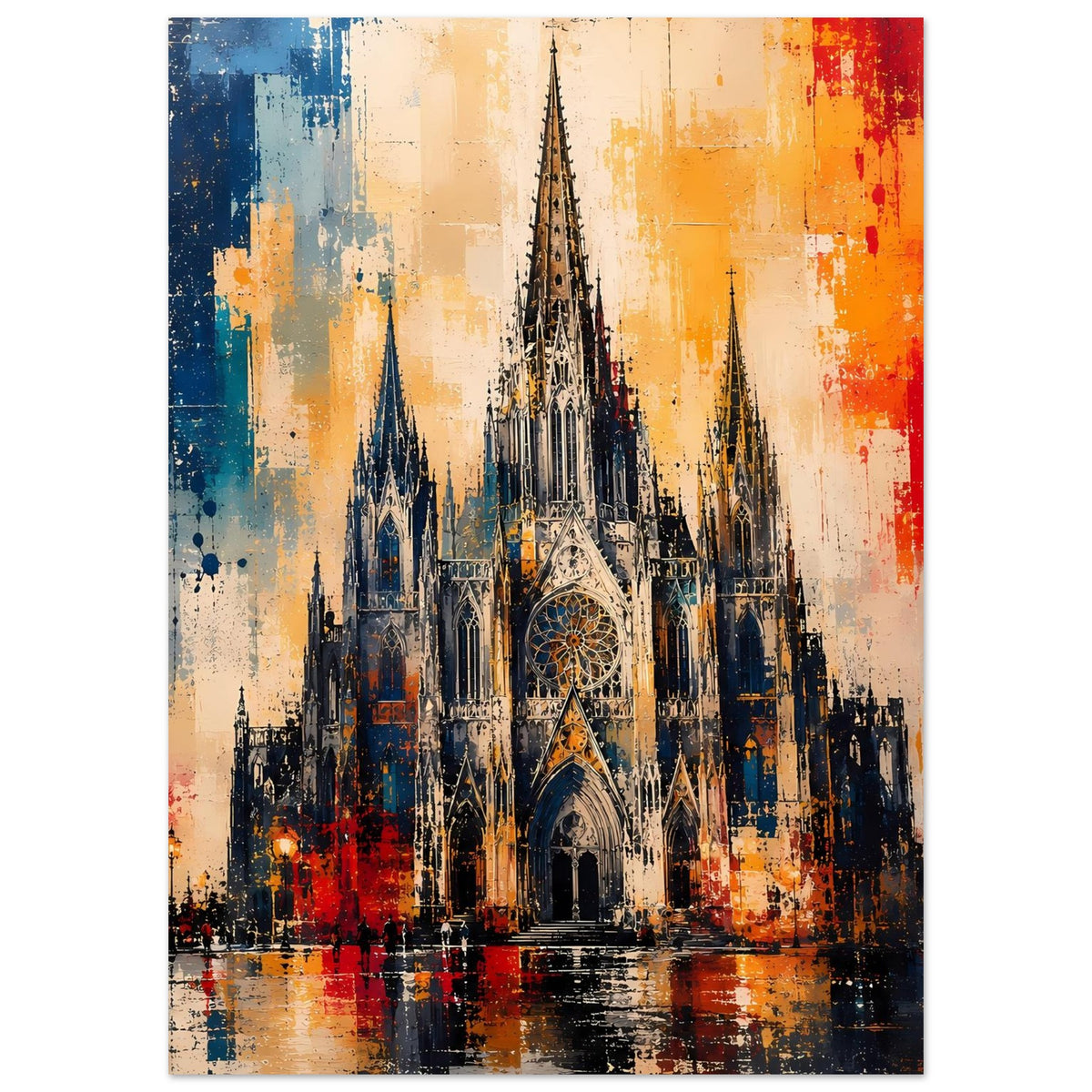 Poster mit gotischer Kathedrale, vorderer Zugang und Rosettenfenster, abstrakte Farben in Blau und Orange