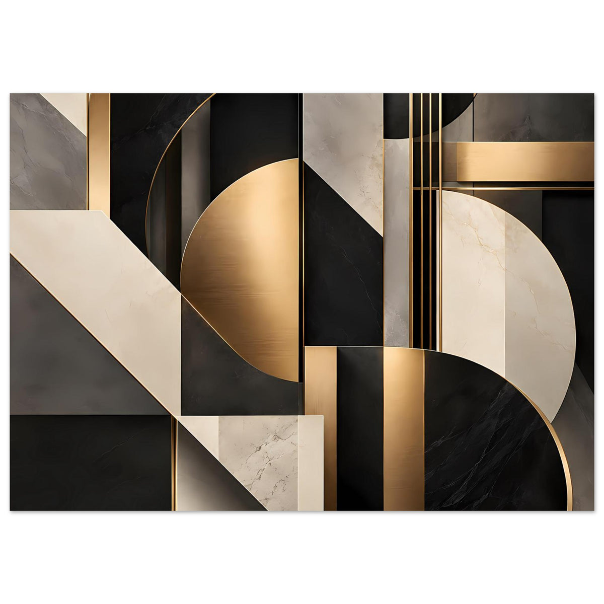 Geometrisches Poster mit goldfarbenen Formen, schwarzen Flächen und weißem Marble, breit